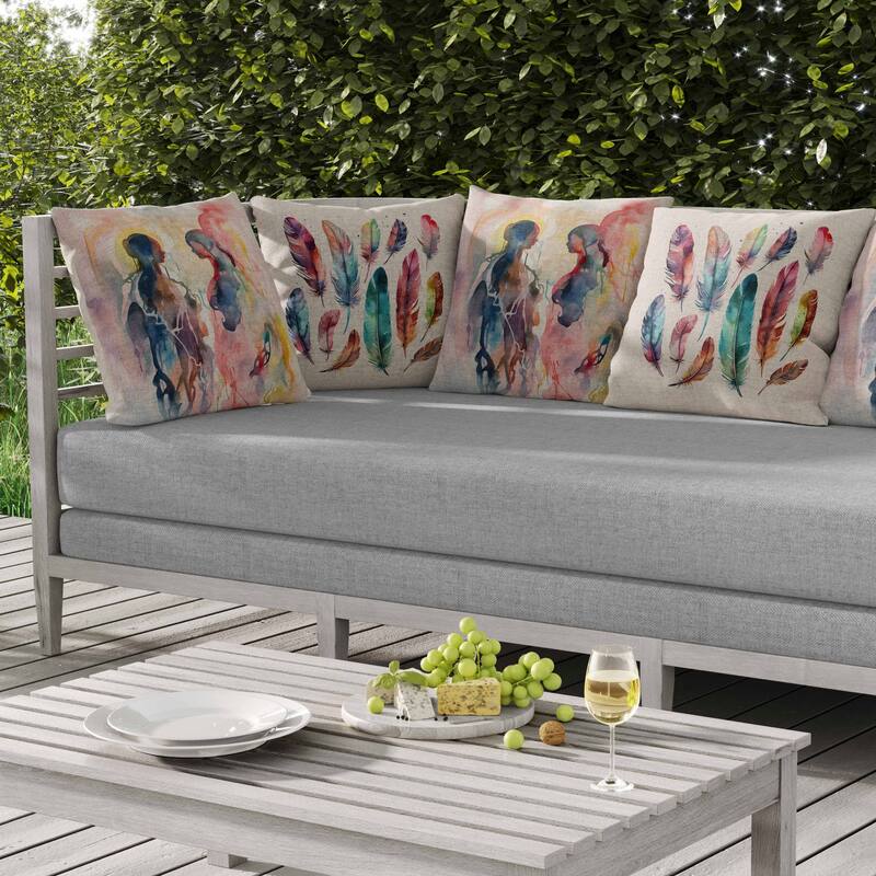 Two Human Feathers Indoor/Outdoor Reversible Throw Pillow Pink and Multi