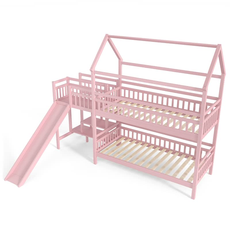 Full/Twin House-Shaped Bunk Bed with Slide & Storage Stairs, Playhouse Bed with Two Placement Methods