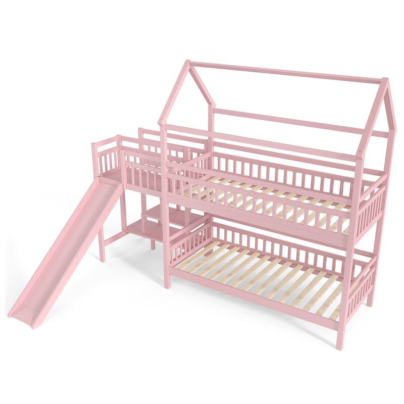 House-shaped Bunk Bed Playful Kids Bed Frame with Storage Stairs, Slide and 2 Placement Methods for Boys and Girls