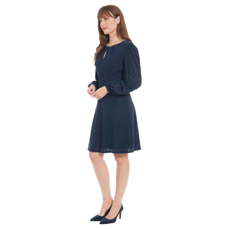 Women's Long Sleeve A-Line Dress with Keyhole Neckline - Embroidered Wedding Guest Dresses - Navy Blazer - 8