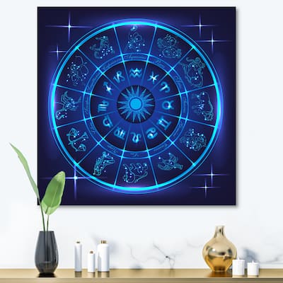 Designart "Neon Deep Blue Horoscope Circle With Zodiac Signs" Modern Canvas Wall Art Print