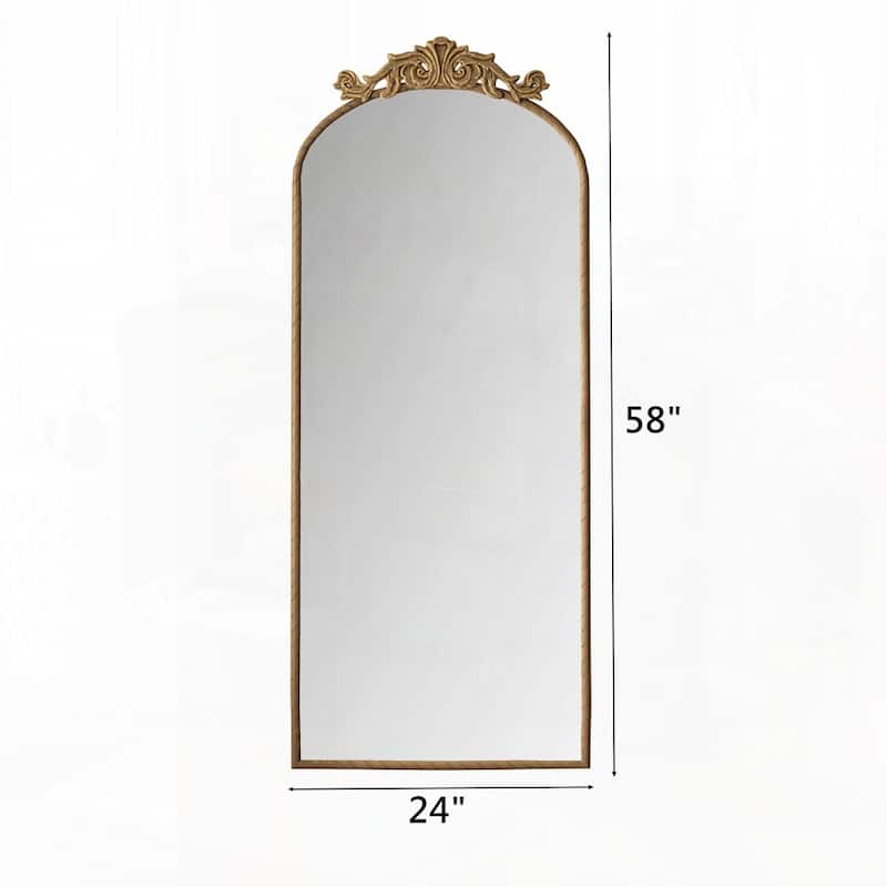 Arched Full Body Mirror with Vintage Ornate Carved Applique on Top - 58"x24"