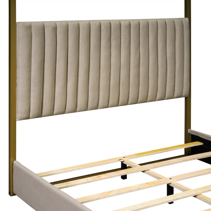 Queen Upholstered Canopy Bed with Foam-Filled Headboard, Metal Frame, and Pine Wood, Grey/Beige