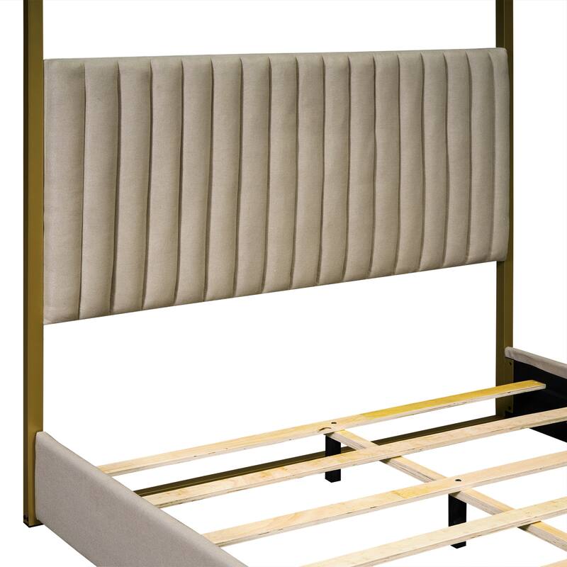 Queen Upholstered Canopy Bed with Headboard, Metal Frame, and Linen Upholstery, 4-Poster Modern Design, Easy Assembly