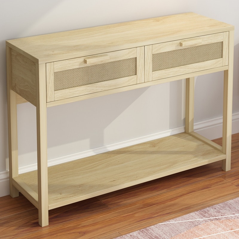39.4" Rattan Console Table with 2 Drawers Entryway Table
