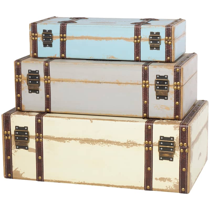 Multi Colored Wooden Nesting Decorative Trunk with Vintage Accents and Studs (Set of 3)