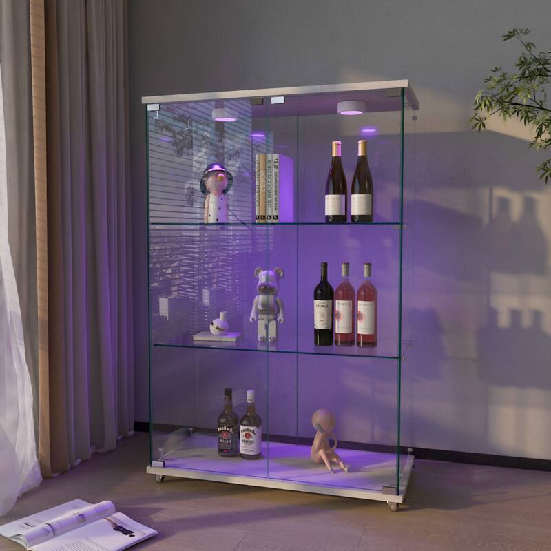Modern Glass Display Cabinet with LED lights, Quick-assembly Antique Cabinet, Tempered Glass Bookshelf