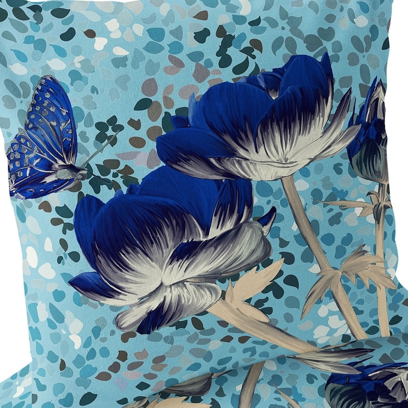 HomeRoots Set of Two 16" X 16" Blue and Gray Butterfly Blown Seam Floral Indoor Outdoor Throw Pillow - 16.00' X '16.00' X '5.00