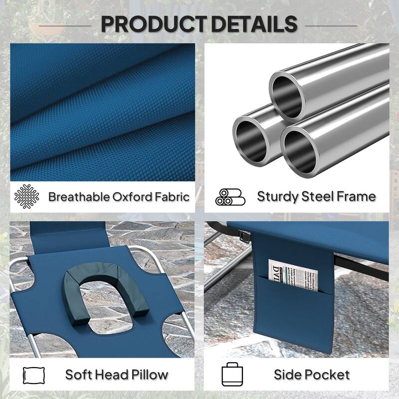 Outsunny Folding Beach Lounge Chair with Face Hole and Arm Slots, 5-level Adjustable Sun Lounger Tanning Chair with Pillow