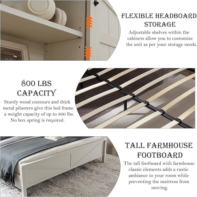 Farmhouse King Size Bed Frame with Storage Shelves & Charging Station