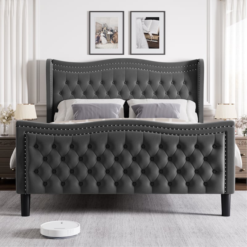 Full Size Tufted Wingback Bed Grey Velvet Upholstered Platform Bed with Solid Wood Slat Support Frame and Nailhead Trim - Grey - Full
