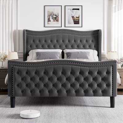 Full Size Tufted Wingback Bed Grey Velvet Upholstered Platform Bed with Solid Wood Slat Support Frame and Nailhead Trim