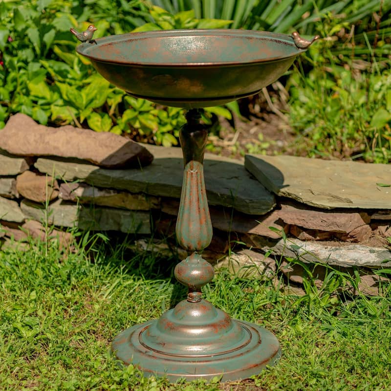 Round Pedestal Birdbath with Bird Details
