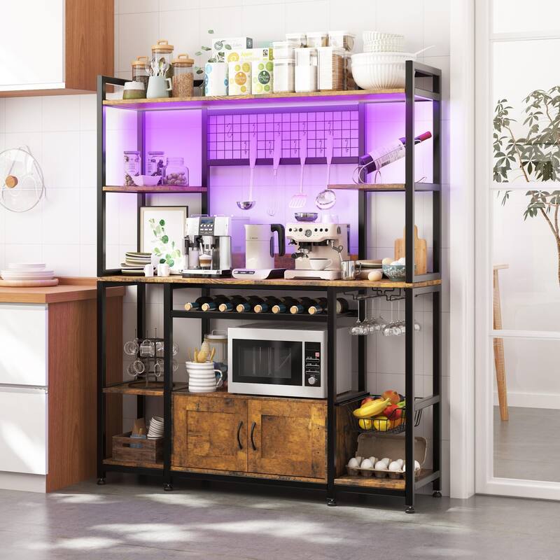 55" Bakers Rack with Power Outlet and LED Light - Brown
