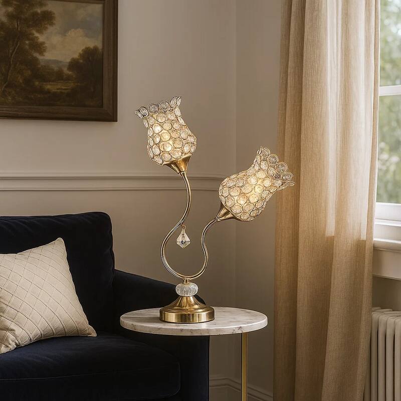 Metal Table Lamp with Floral Trumpet Shade and Crystal Accents, Gold