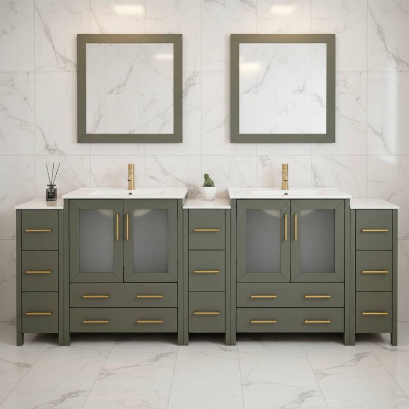 Vanity Art 96" Double Sink Bathroom Vanity Set 13 Dove-Tailed Drawers 5 Cabinets 2 Shelves, Soft-Closing Doors with Free Mirror - Vintage Green