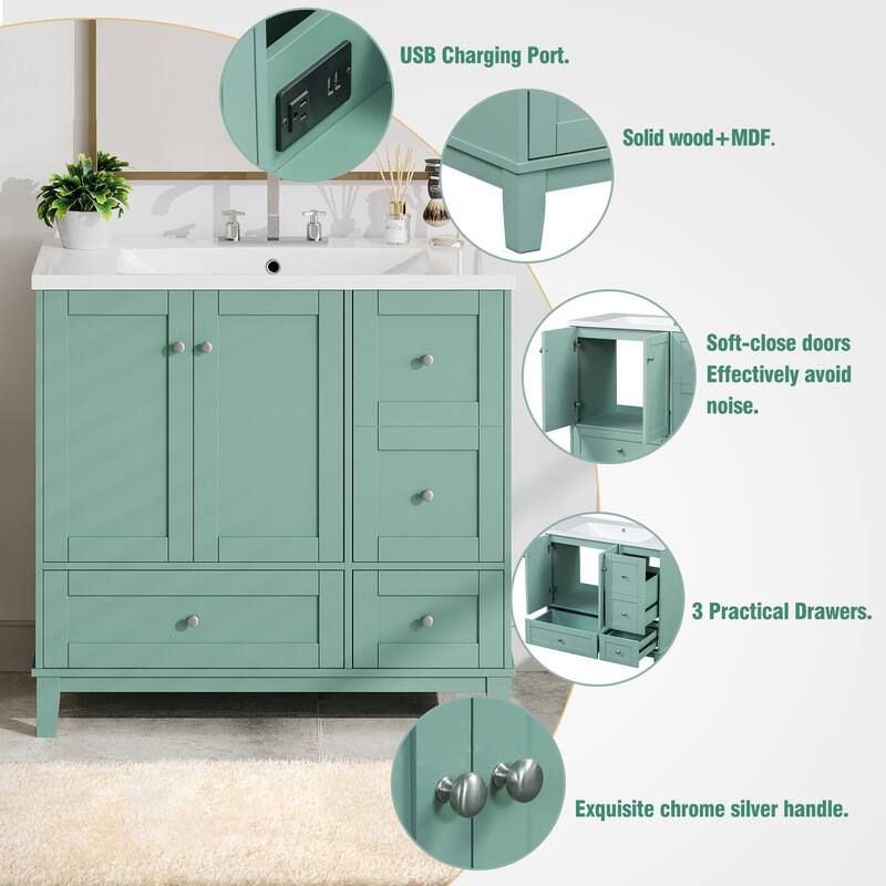 Bathroom Vanity with USB Charging, Single Basin Vanity Set with Undermount Sink, Bathroom Storage Cabinet with 3 Drawers