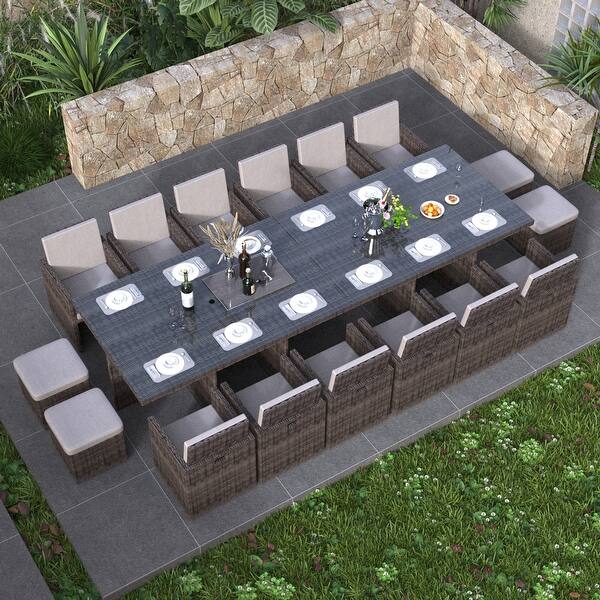 16-Seater Aluminum Patio Dining Sets with Cushions and Tempered Glass Tabletop