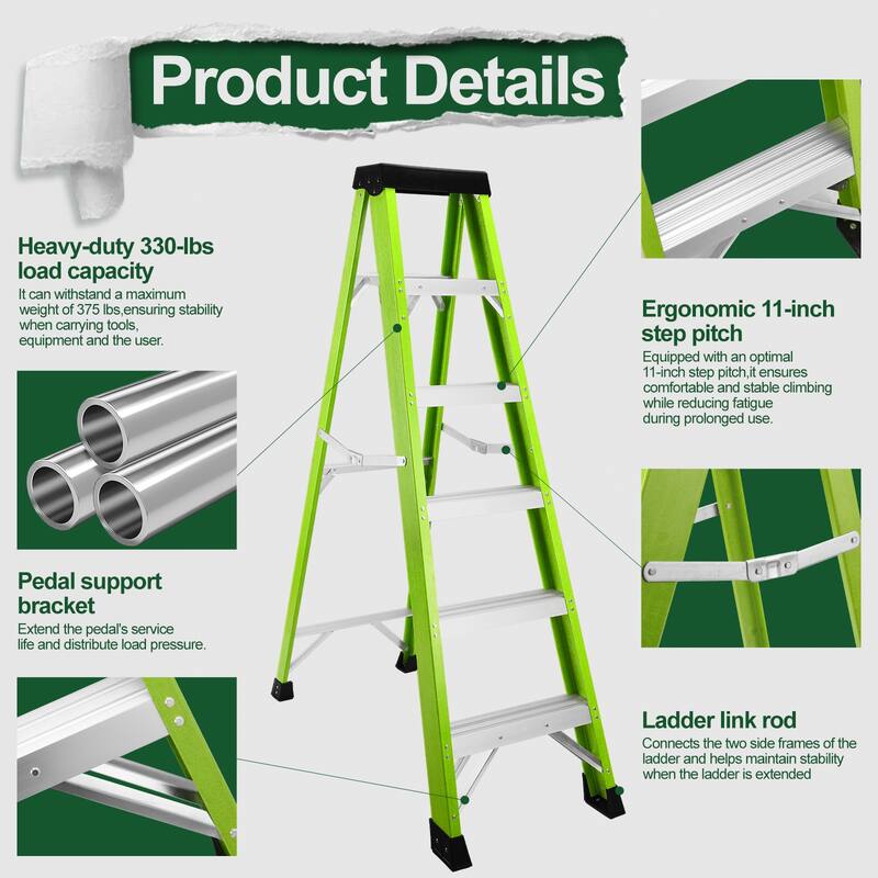 Anmytek Professional Grade Fiberglass Step Ladder 330 lbs Capacity Insulating A Frame Design with Tool Tray for Electrical Work