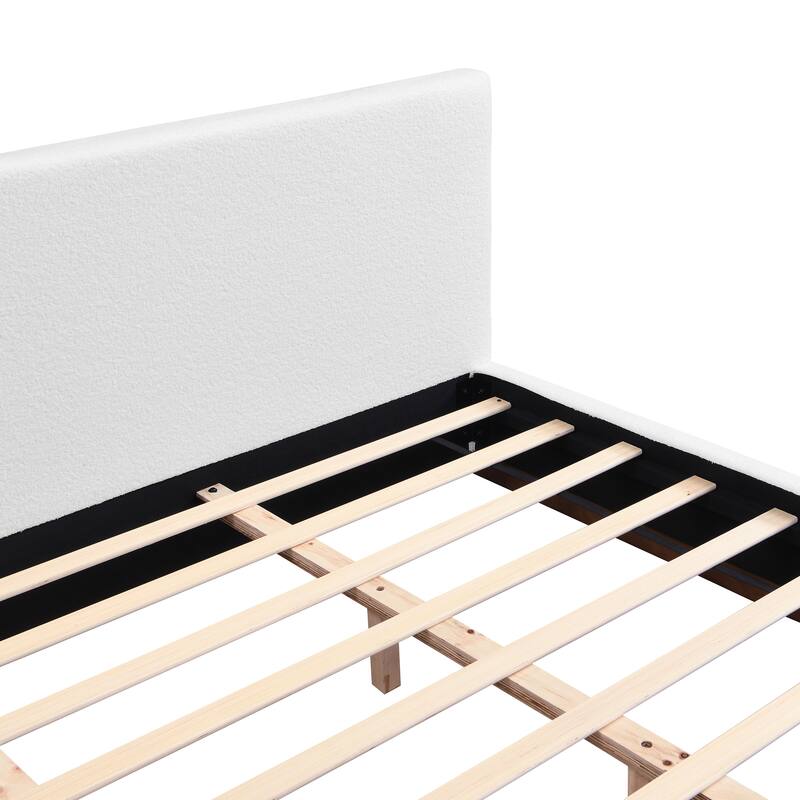 Elegant White Fabric Upholstered Bed With Nice Wood Grain Textured Solid Wood Base Frame,White,King