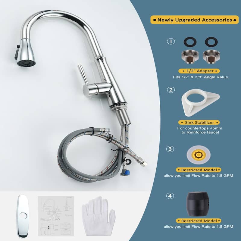 WOWOW Single Handle 3-Mode Pull Out Sprayer Kitchen Faucet