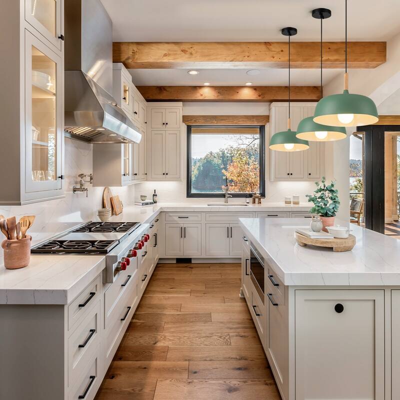 Modern 1-Light Green Dome Pendant Light with Decorative Wood Accent