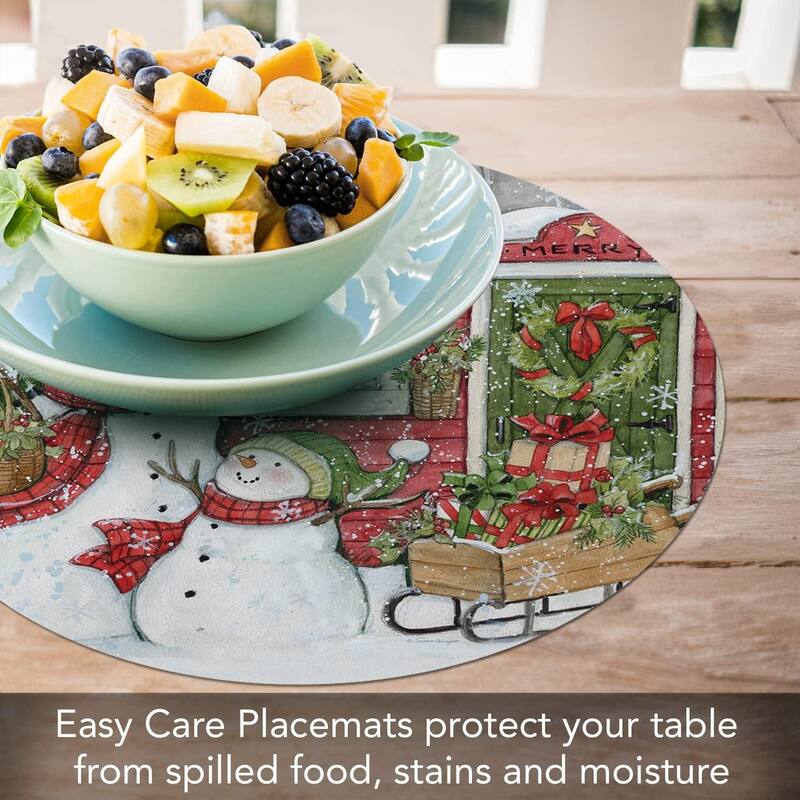 Snowman's Farmhouse Round Reversible Easy Care Flexible Plastic Placemat 4 Pack Made in The USA