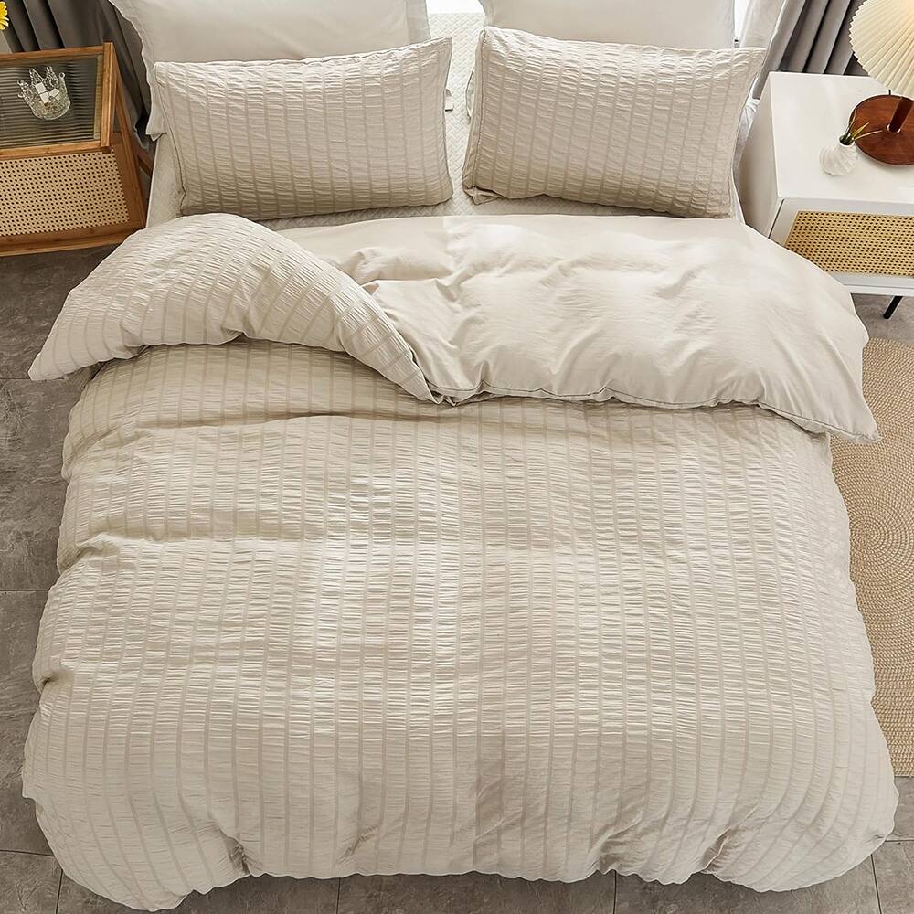 Beige Seersucker Duvet Cover Set King Size (104 x 90 inches) On Sale