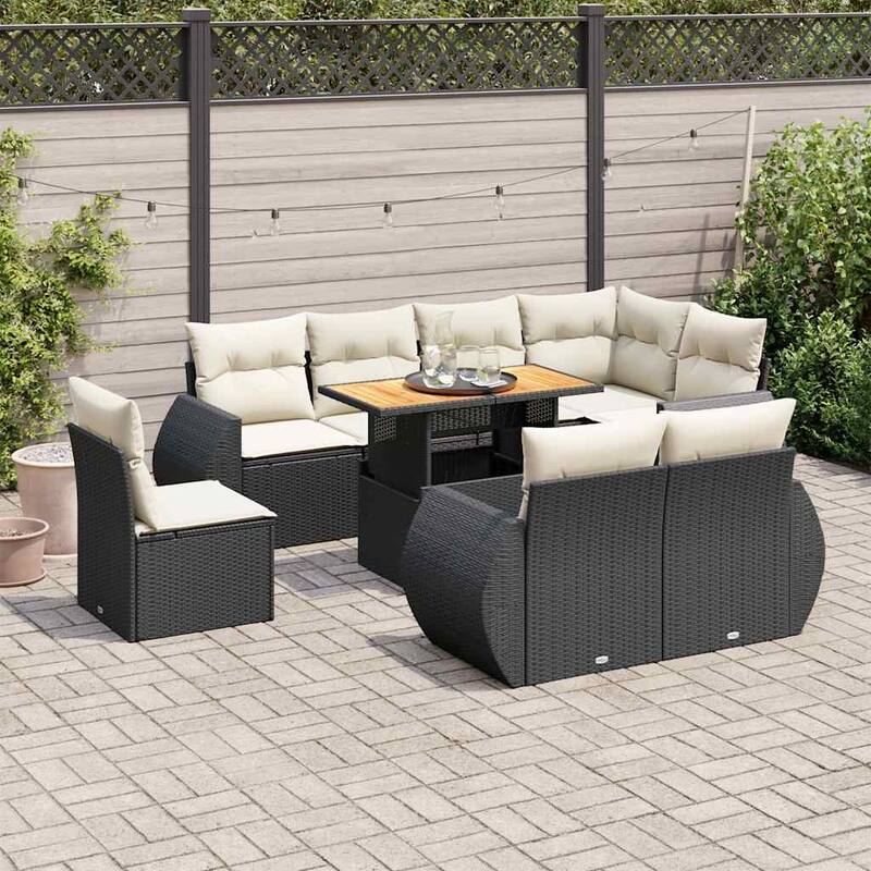 vidaXL Patio Sofa Set with Cushions Lounge Table and Sofas 9 Piece Poly Rattan - 21.7 x 39.4 x 28.7 - Black and cream