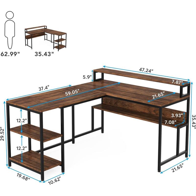 L-Shaped Reversible Office Desk with Monitor Stand and Spacious Storage Shelves