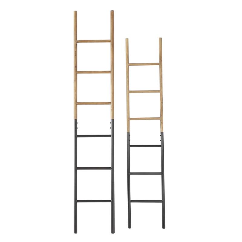 Brown Wood Slim Two-Toned 12 Rug Ladder with Black Metal Bases (Set of 2)