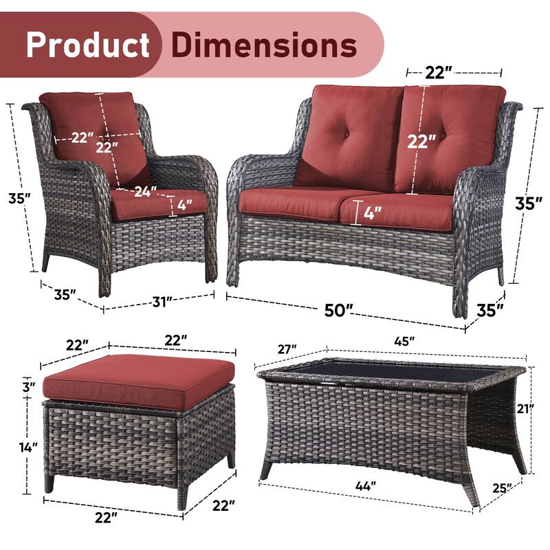 Pocassy 6 Pieces Outdoor 2-Seat Sofa Chairs Table Ottoman