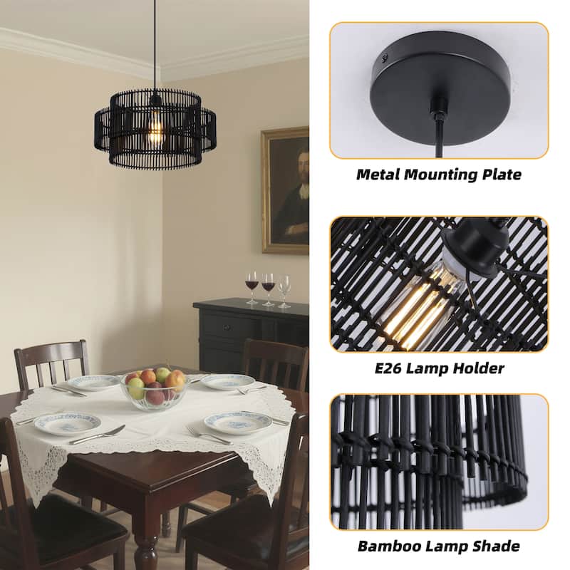 Solara 16 in. 2-Tiers 1-Light Pendant Light with Bamboo Round Shade, No Bulbs Included