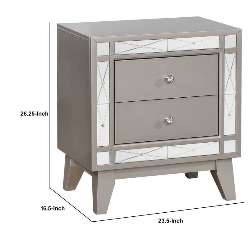 Wooden Nightstand with 2 Drawers, Mercury Silver