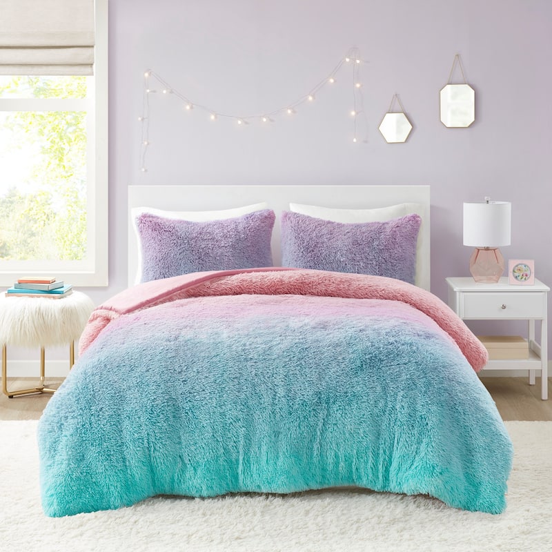 Mi Zone Talia Ombre Shaggy Faux Fur Comforter Set - Purple Multi - Full - Queen