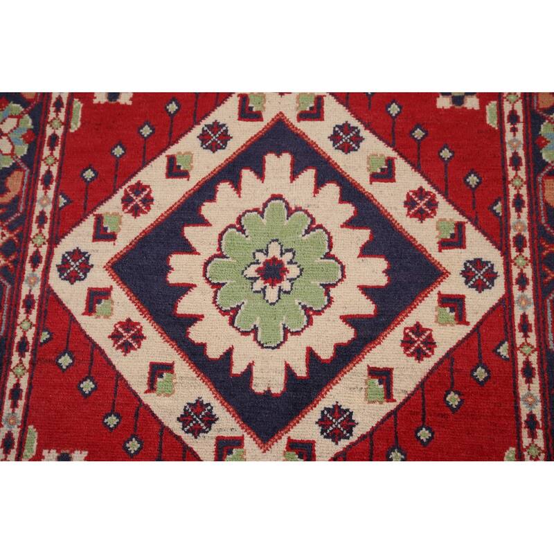 Geometric Red Kazak Oriental Foyer Rug Hand-Knotted Wool Carpet - 3'3" x 4'9"
