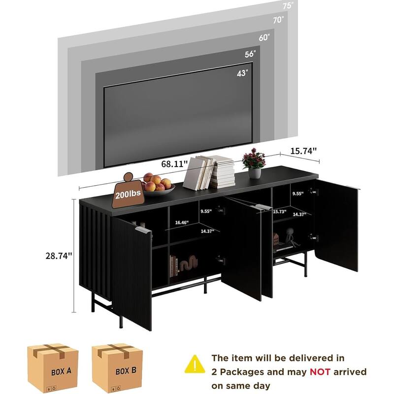 68" Mid-century TV Stand Entertainment Center with Adjustable Shelves 4 Doors & LED Light