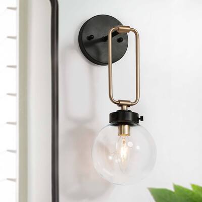Marsie Modern 1-Light Black Gold Bathroom Vanity Light Swing Armed Glass Wall Sconce for Foyer/ Stairway - L5" x W7" x H14.5"