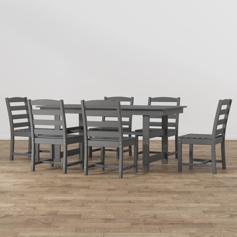 Outdoor Dining Table and Chair Set: HDPE Material, Wood - Grain Design