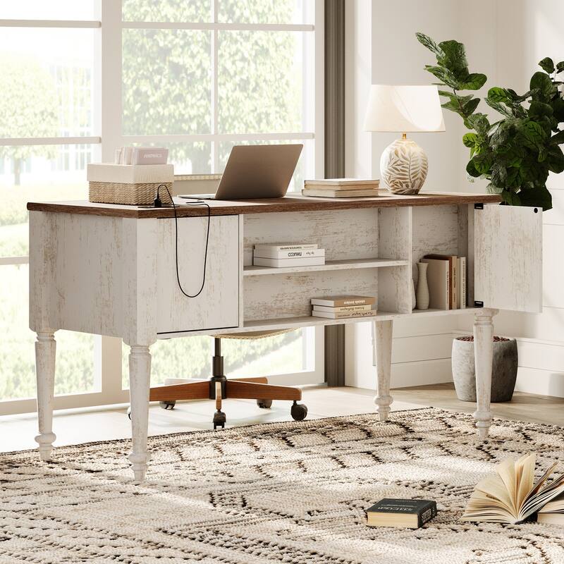 56'' Farmhouse Executive Desk with Drawers White/Oak - 5 Drawers and 2 Doors