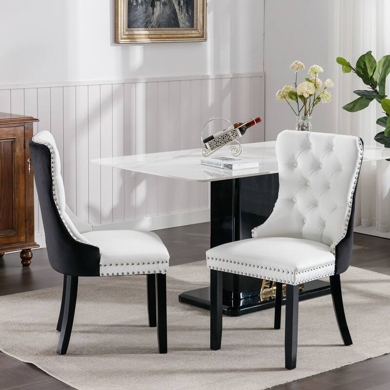 Tufted Solid Wood PU and Velvet Upholstered Dining Chair with Wood Legs 2-Pcs Set