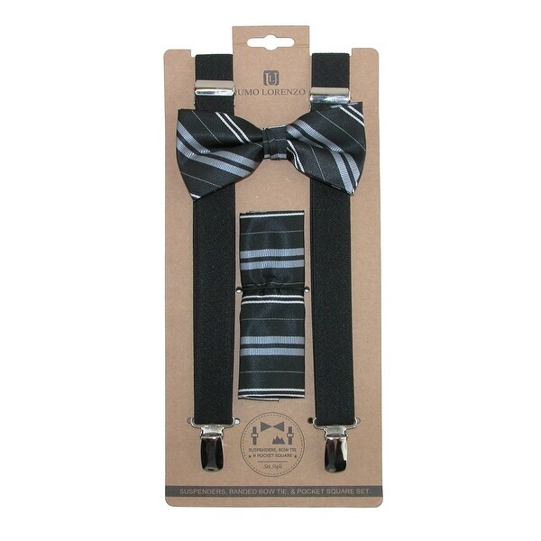 Umo Lorenzo Men's Double Stripe Bow Tie Handkerchief & Clip-End Suspender Set - One size
