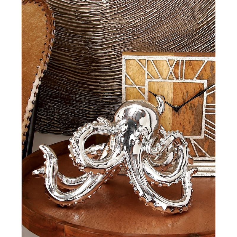 Silver Polystone Octopus Decorative Sculpture with Long Tentacles and Suctions Detailing - Silver