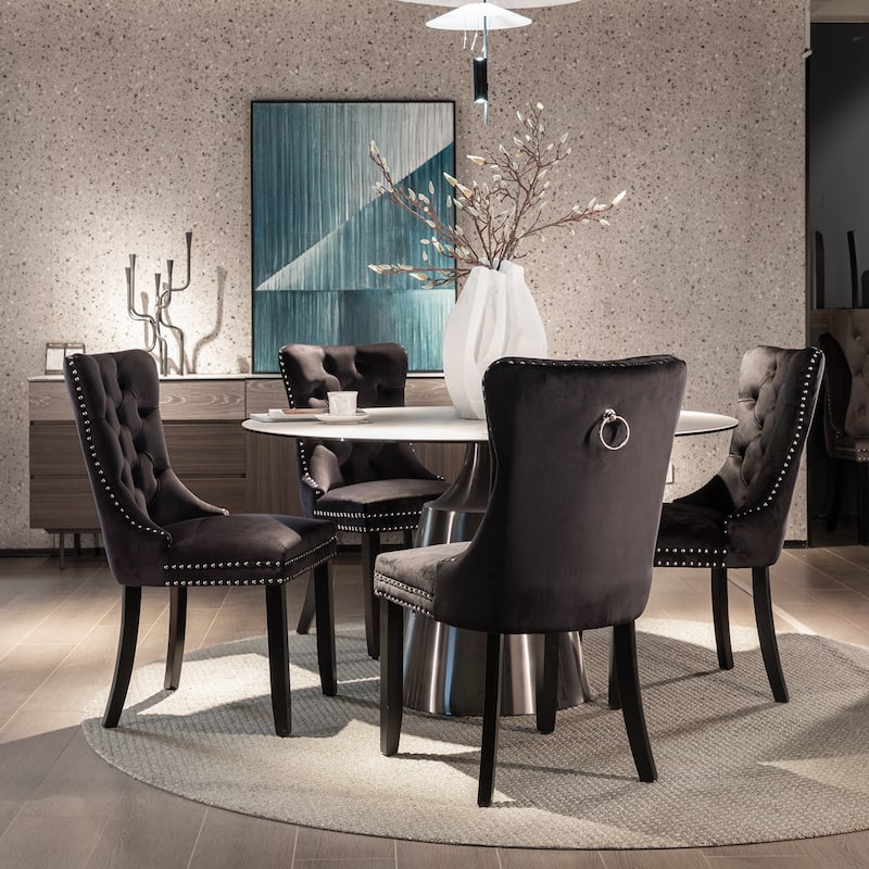 Modern Velvet Upholstered Dining Chair with Wood Legs,Set of 2 - Black