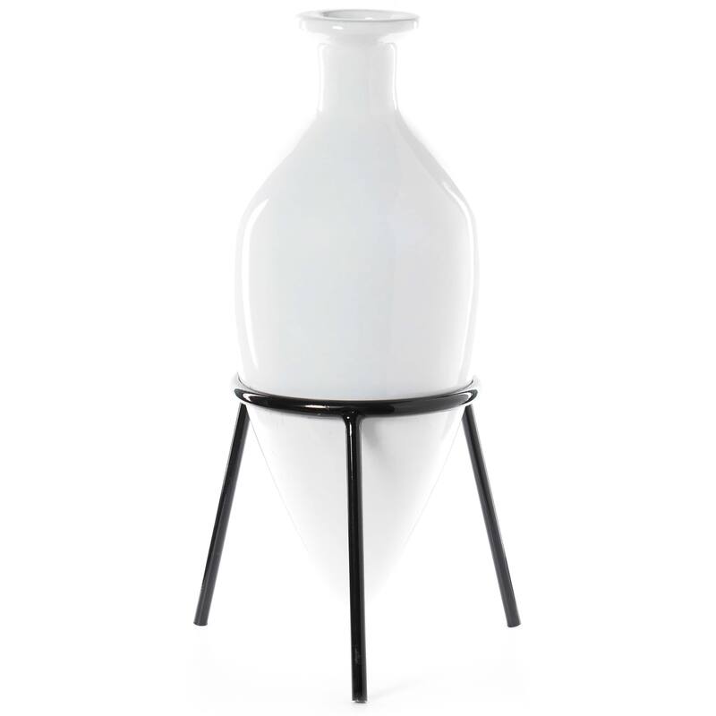 Antique Style Vase, Old Fashioned Amphora, Tall Unique Vase on Slim Black Metal Tripod Stand, 32-Inch-Tall White Vase