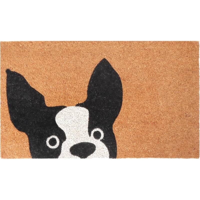 A1HC Natural Coco Coir Door Mat with Heavy Duty Non-Slip PVC Backing - 18" x 30" - Easy to Clean - Black Dog Peeking
