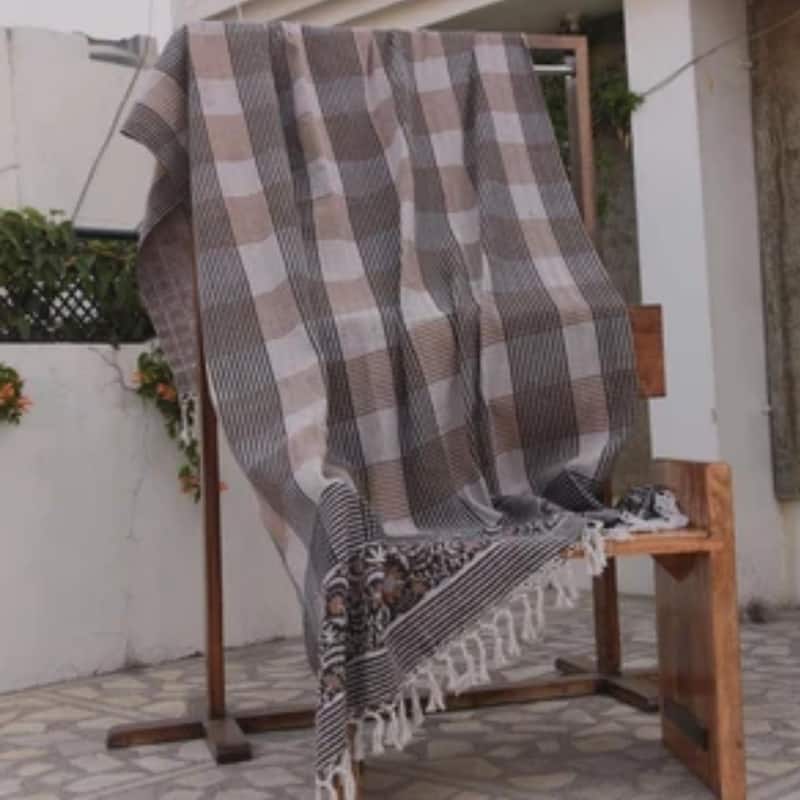 Fabdivine Floral Cube Lines Handwoven Block-Printed Cotton 90x54 Throw Blanket - Decorative Sofa, Bed & Living Room Accent