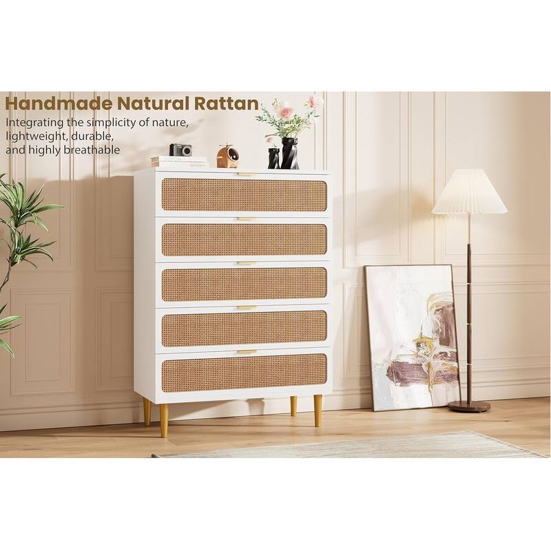 Rattan 5 Drawer Tall Dresser for Bedroom, Large Chest with Deep Drawers and Wide Top for Closet or Hallway