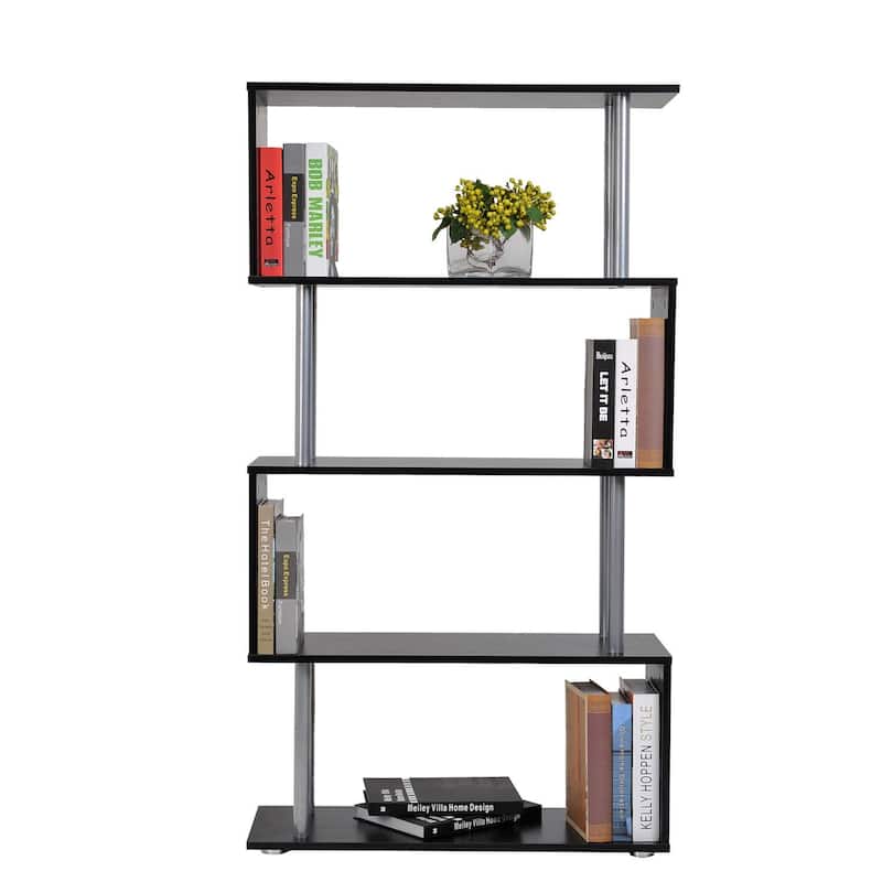 HomCom Modern S-Shaped 5 Tier Room Dividing Bookcase Wooden Storage Display Stand Shelf - Black - 11.75*31.5*57.25