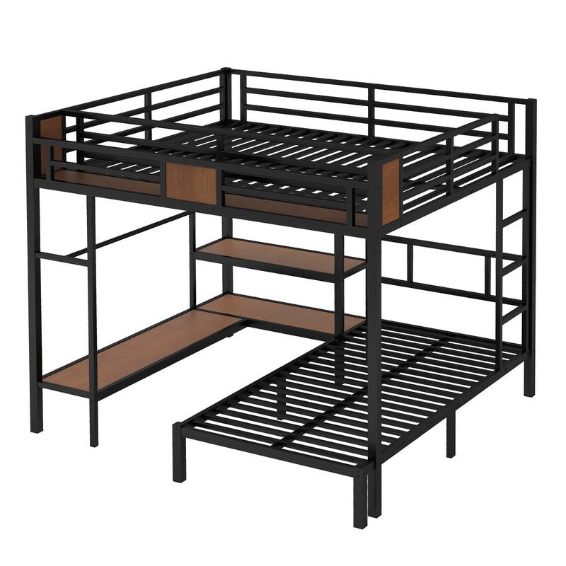 Queen-over-Twin Metal Bunk Bed with Upper Storage Area, Lower Shelves and Hangers